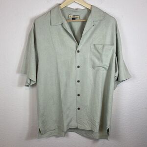 Tommy Bahama Large Short Sleeve Button Up Shirt 100% Silk Textured Green Trees‎